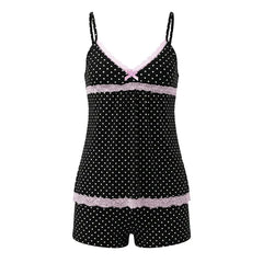 Black Dot Print Lace Trim Camisole Top with Shorts Lounge Wear  Set