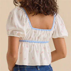 White Floral Puff Sleeve Peplum Crop Top