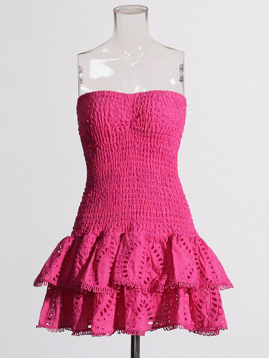 Ruched Strapless Embroidered Frill Mini Dress