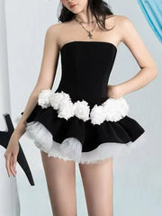 Black Frill 3d Flower Waist Desgin Strapless Blommers Layer Mini Dress