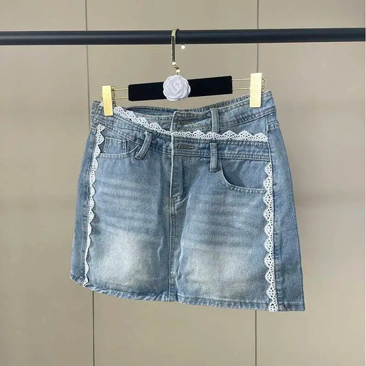 Lace Trim Denim Mini Skirt