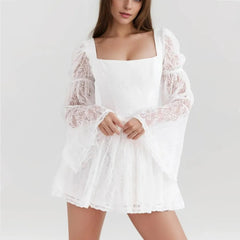 White Lace Long Sleeve Square Collar Mini Dress