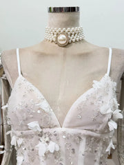 White Spaghetti Strap 3D Flower Feather Mini Dress