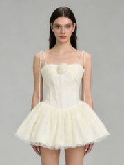 Tie Up Strap 3D Flower Embellished Tulle Mini Dress
