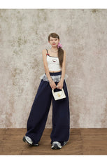 Navy Blue Wide Leg Elastic Waist Striped Sweatpants