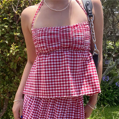 Gingham Ruched Tie-Back Peplum Top