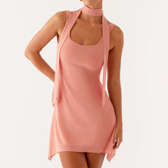 Peach Solid Strap Mini Dress with Scarf