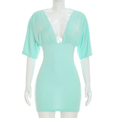 Deep V-Neck Bodycon Short Sleeve Backless Tie Up Mini Dress