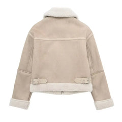 Beige Fur Lining Turn-Down Collar Biker Jacket