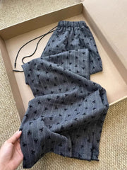 Stripe Grey Bow Drawstring Wide Leg Pants