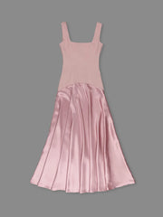 Pink Square Neck Straps Satin Patchwork Maxi Dress