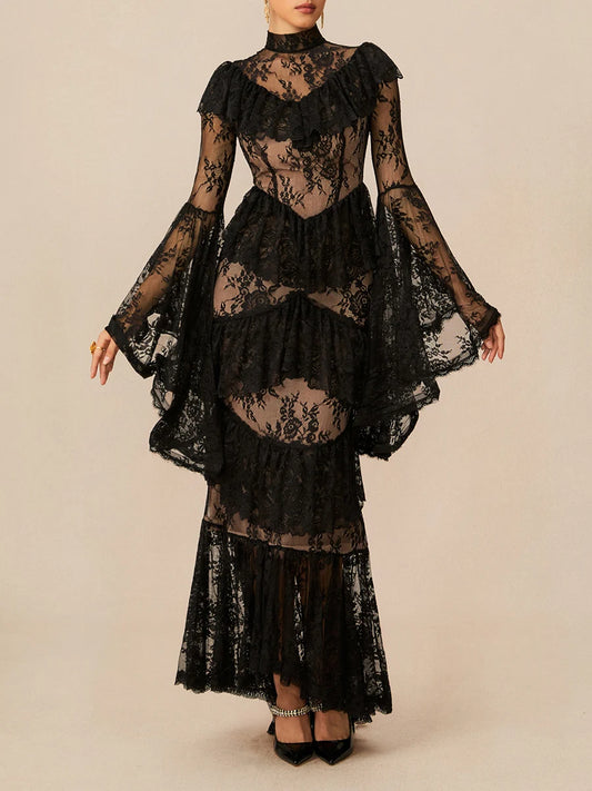 Lace Stand Neck Long Sleeve Patchwork Ruffles Maxi Dress