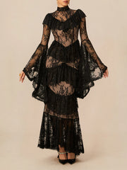 Lace Stand Neck Long Sleeve Patchwork Ruffles Maxi Dress