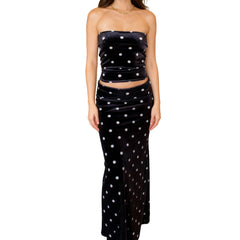 Black Polka Dot Print Strapless Crop Tube Top and Long Skirt Set
