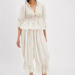 Lace Trim Bow Tie Front Short Sleeve Shirts And Ruffle Flared Lantern Pants Loungewear Set