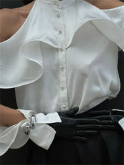 White High Neck Ruffled Cut Out Shirt Free From Label