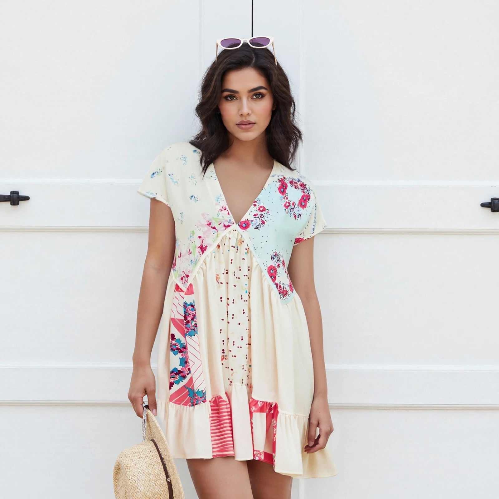 Woman wearing a floral dress - front view