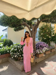 Knitted Long Sleeve Deep V-Neck Ring Detail Maxi Dress