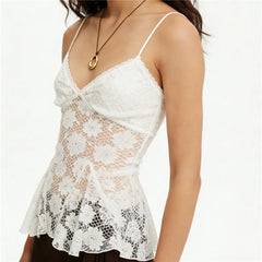 White Lace Flower See Through Spaghetti Strap Top
