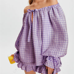 Plaid Off Shoulder Long Sleeve Tops and Ruffle Shorts Set