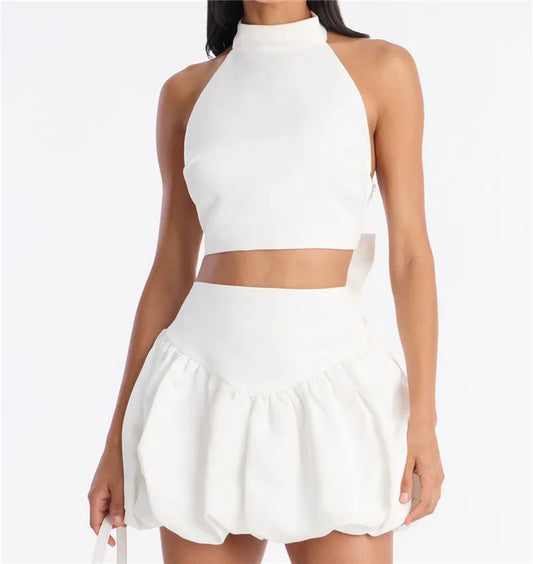 Halter Back Bow Crop Top And Bubble Mini Skirt Set