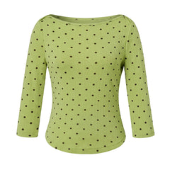 Polka Dot Ribbed Cropped Boat Neck T-Shirt