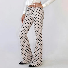 Satin Polka Dot Print Drawstring Low Waist Flare Leg Trousers