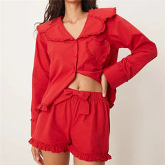 Red Ruffled Trim Button Down Long Sleeve Top and Shorts Lounge Wear Set