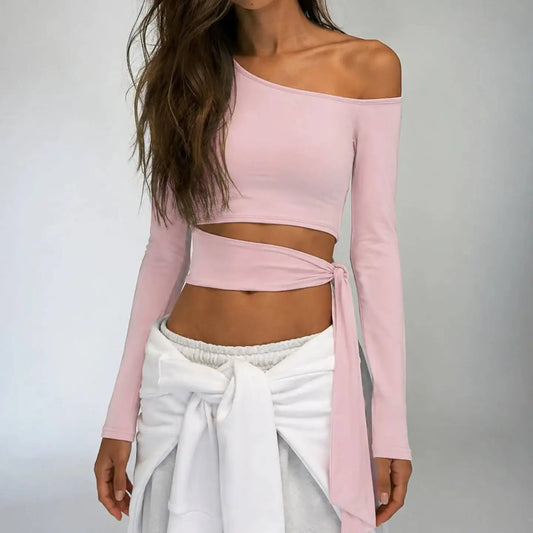 Long Sleeve Off-Shoulder Bandage Crop Top