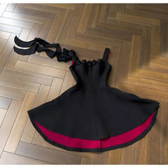 Black Square Collar 3D Floral Irregular Sash Mini Dress