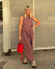 Printed Plaid Sleeveless Vest And Wide Pants Set