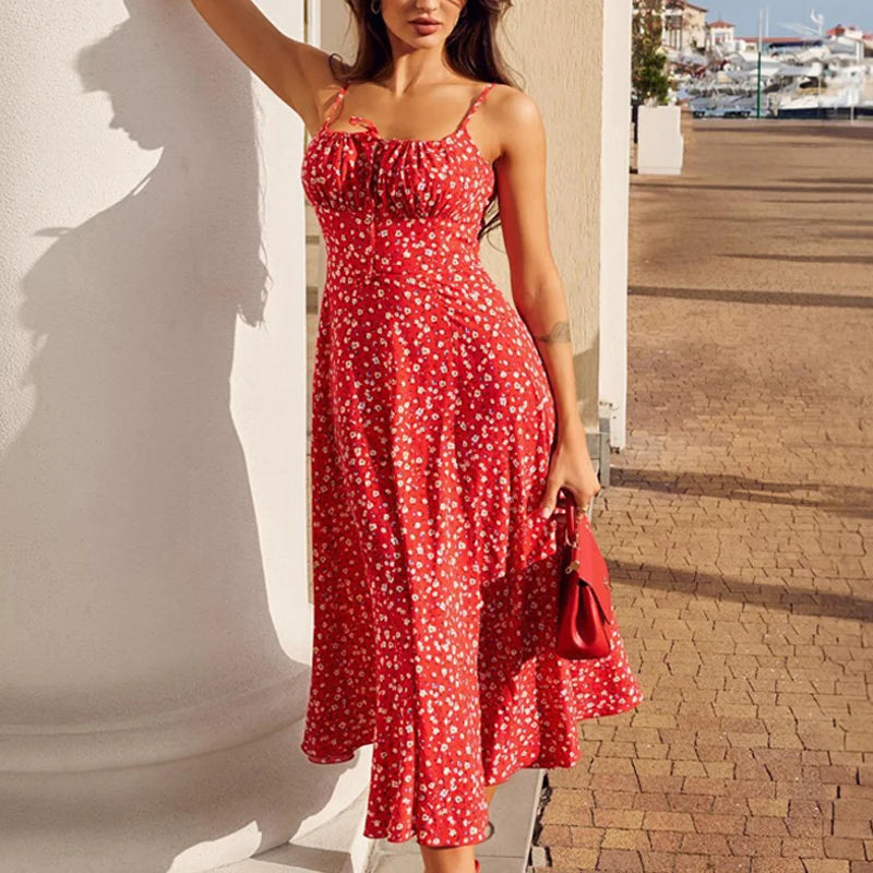 Summer Beach Floral Print Suspender Maxi Dress Women'sSleeveless Split Open Back High Waisted Slim Fit Dress Female - Free From Label