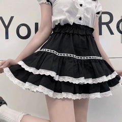 Black Lace Trim Ruffles Mini Skirt