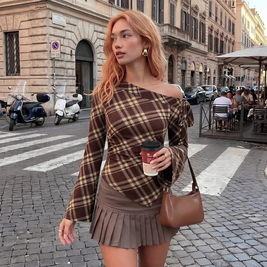 Brown Plaid Off-Shoulder Long Flare Sleeve Top