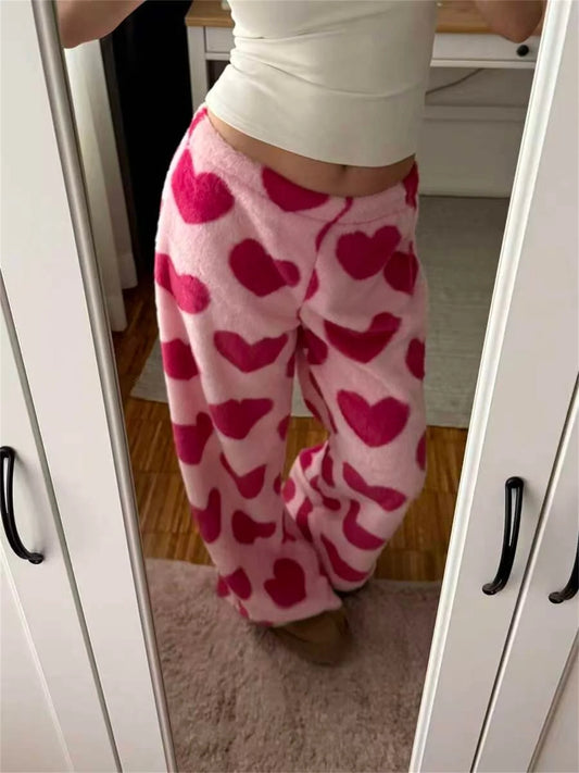 Pink Heart-Print Plush Sweatpants