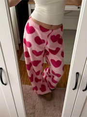 Pink Heart-Print Plush Sweatpants
