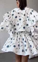 White Printed Ruffle Long Sleeve Shirt And Shorts Set