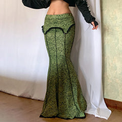 Green Lace Printed Trumpet Long Skirt Free From Label