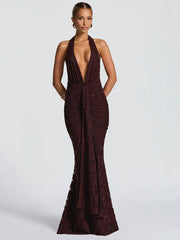 Deep V Backless Drape Ruffles Maxi Dress