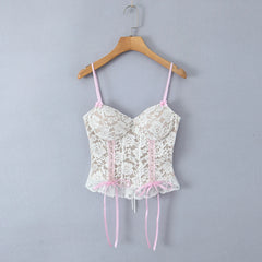 White Lace Pink Bow Strap Corset Top Free From Label