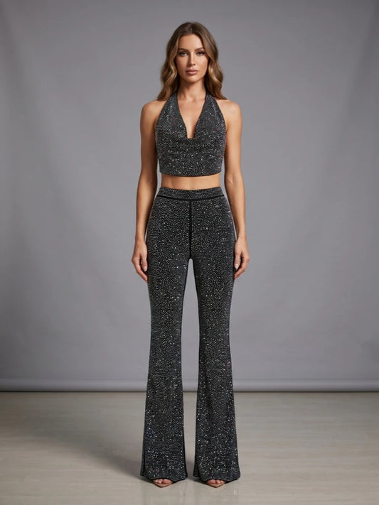 Black Rhinestone Cowl Neck Crop Tie Up Top And Wide Leg Pants Set