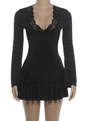 Lace Trim V-neck Ruffle Long Sleeve Mini Dress
