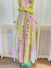 Halter Keyhole Ruffle  Floral Patchwork Print Maxi Dress