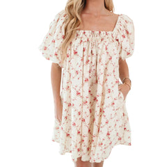 Puff Short Sleeve Floral Loose A-line Dress