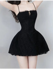 Black Lace Spaghetti Strap Flared Mini Dress