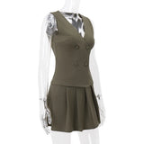 Green V Neck Sleeveless Tops Vest And Pleated Mini Skirt Set