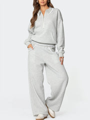Lace Trim Long Sleeve Collared Sweatshirt with Front Pocket and Wide Leg Sweatpants Set
