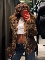 Faux Fur Plush Lapel Brown Jacket