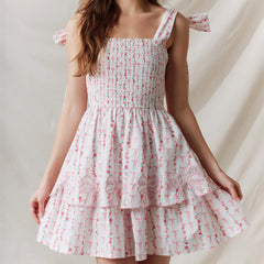 Floral Smocked Tie Up Layered Mini Dress