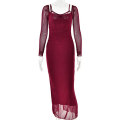 Burgundy Sheer Long Sleeve Bodycon Maxi Dress Free From Label